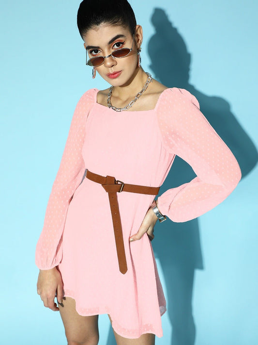 Folk Republic Women Solid Pink Dobby Weave Square Neck Sheer Georgette Flared A-Line Mini Dress - #folk republic#