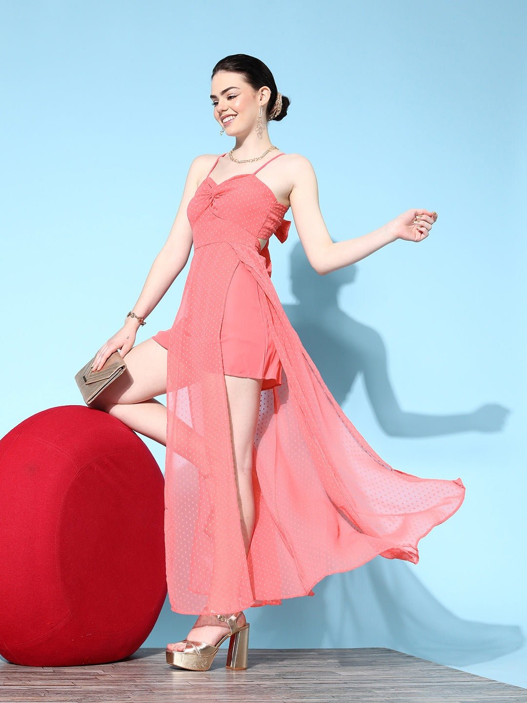 Folk Republic Women Solid Pink Dobby Weave Sweetheart Neck Front Twisted Cutout Tie-Up Back Georgette Fit & Flare Maxi Dress - #folk republic#