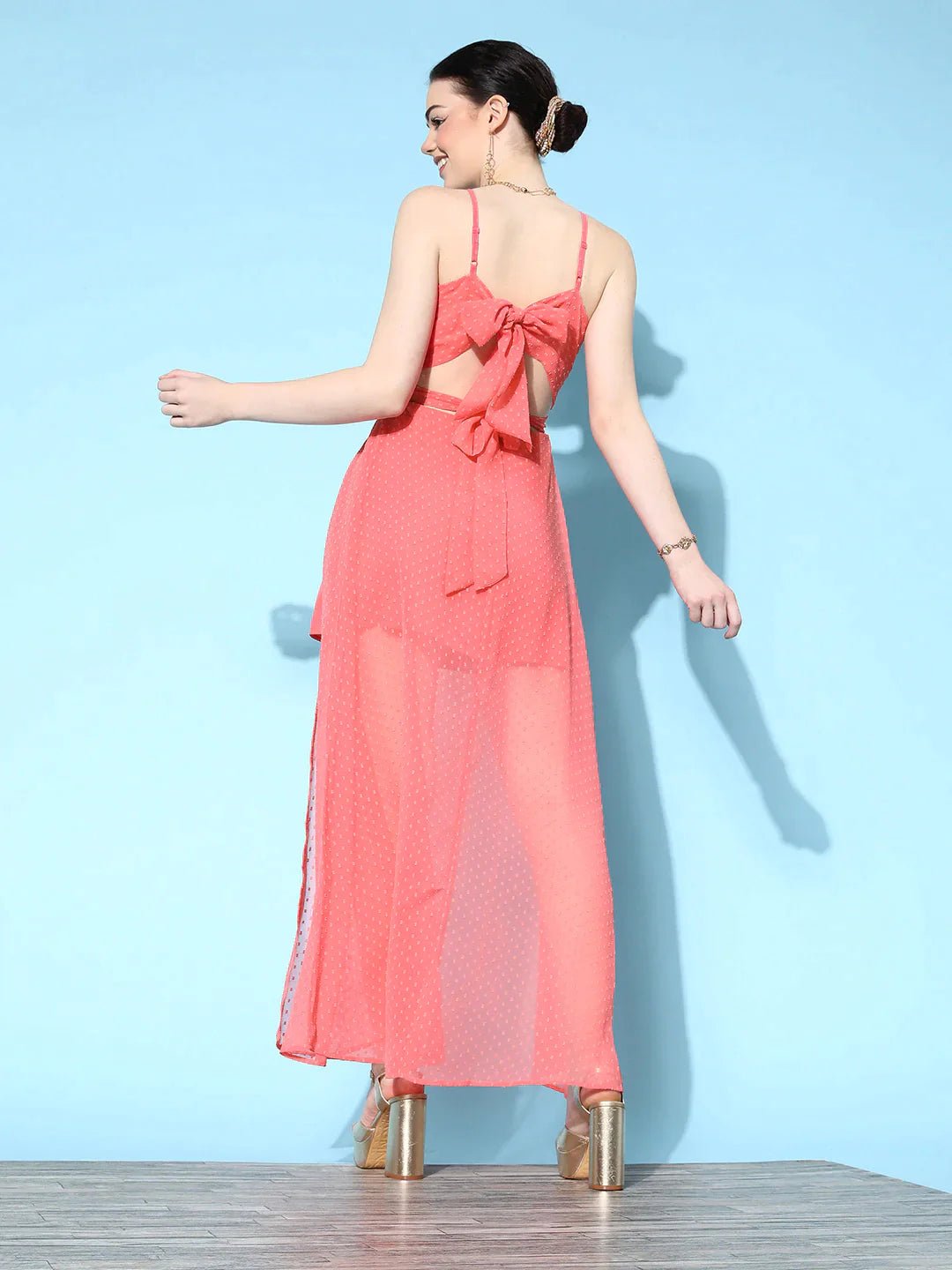 Folk Republic Women Solid Pink Dobby Weave Sweetheart Neck Front Twisted Cutout Tie-Up Back Georgette Fit & Flare Maxi Dress - #folk republic#