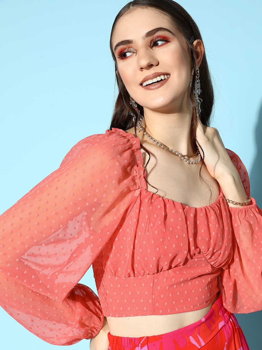 Folk Republic Women Solid Pink Dobby Weave Sweetheart Neck Puff Sleeve Georgette Smocked Crop Top - #folk republic#