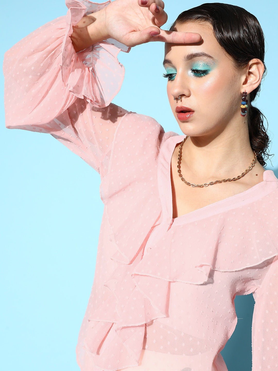 Folk Republic Women Solid Pink Dobby Weave V-Neck Semi-Sheer Ruffled Regular Top - #folk republic#