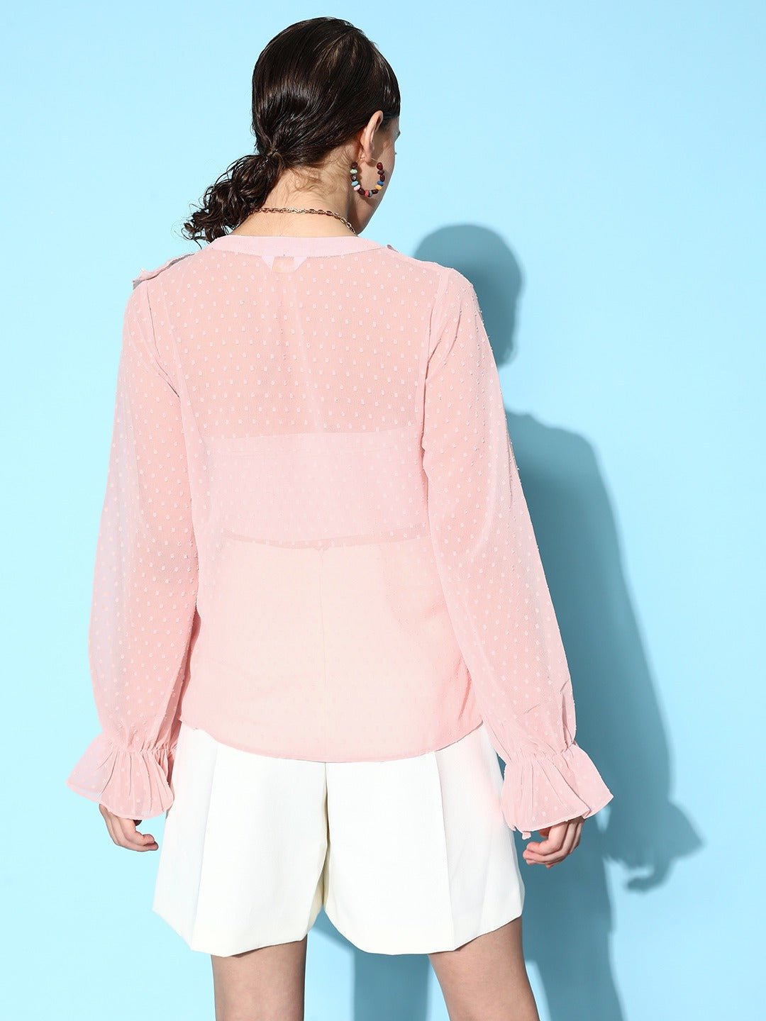 Folk Republic Women Solid Pink Dobby Weave V-Neck Semi-Sheer Ruffled Regular Top - #folk republic#