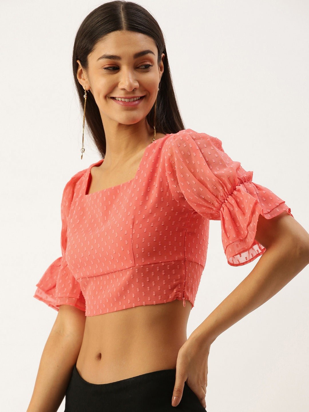 Folk Republic Women Solid Pink Dotted Square Neck Crop Top - #folk republic#