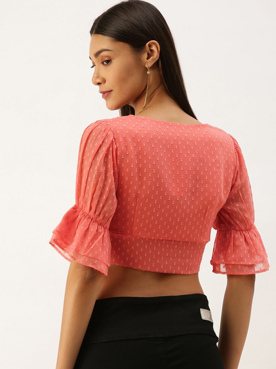 Folk Republic Women Solid Pink Dotted Square Neck Crop Top - #folk republic#