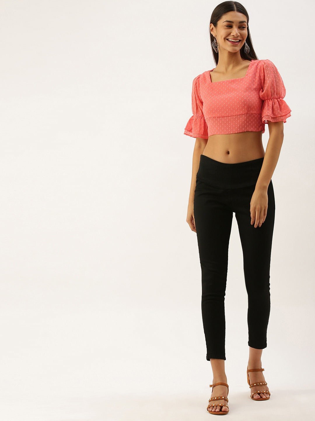 Folk Republic Women Solid Pink Dotted Square Neck Crop Top - #folk republic#