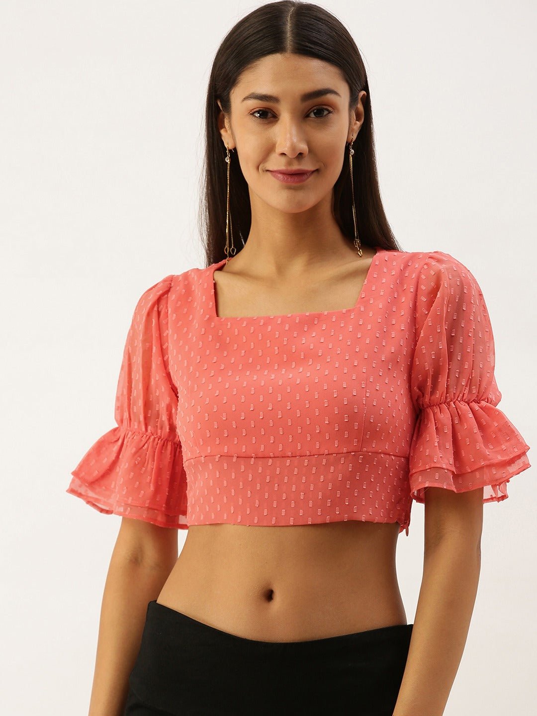 Folk Republic Women Solid Pink Dotted Square Neck Crop Top - #folk republic#