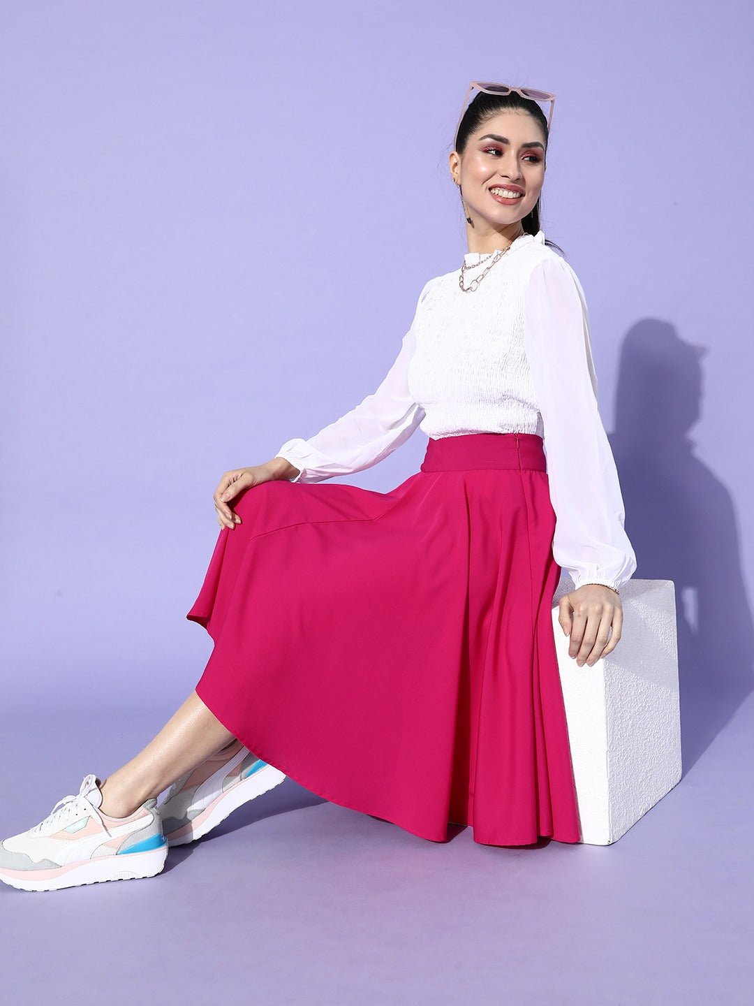 Folk Republic Women Solid Pink Flared A-Line Midi Skirt - #folk republic#