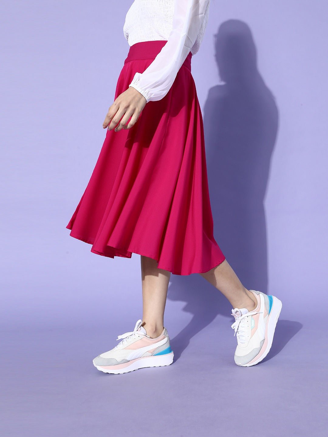 Folk Republic Women Solid Pink Flared A-Line Midi Skirt - #folk republic#