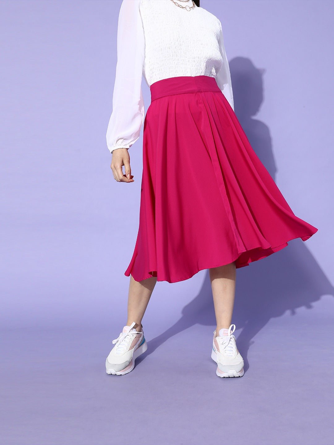Folk Republic Women Solid Pink Flared A-Line Midi Skirt - #folk republic#