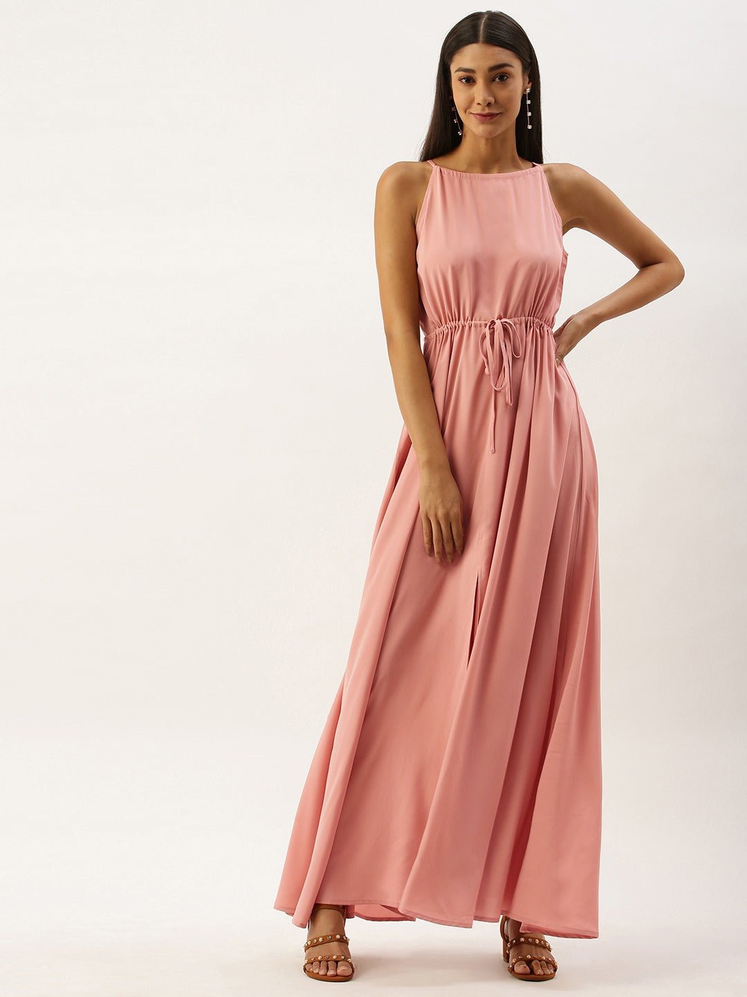 Folk Republic Women Solid Pink Halter Neck Maxi Dress - #folk republic#