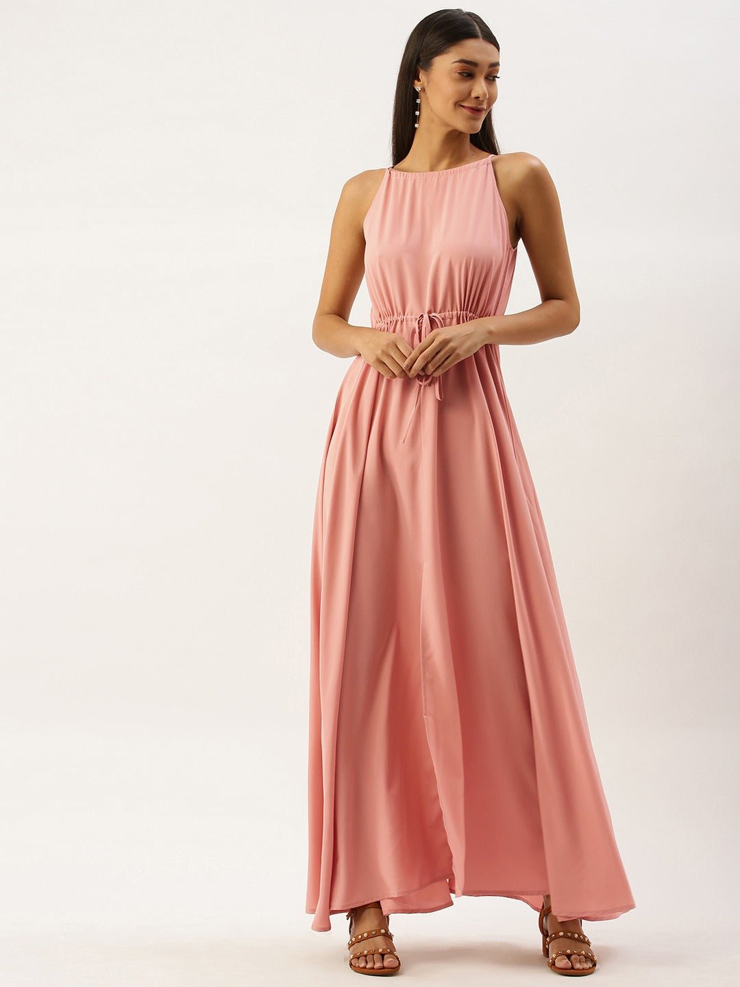 Folk Republic Women Solid Pink Halter Neck Maxi Dress - #folk republic#