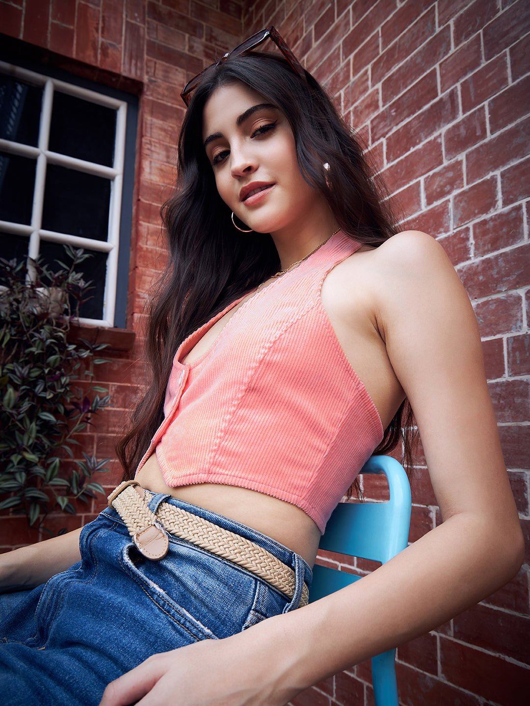 Folk Republic Women Solid Pink Halter Neck Sleeveless Backless Cotton Hanky Hem Fitted Crop Top - #folk republic#