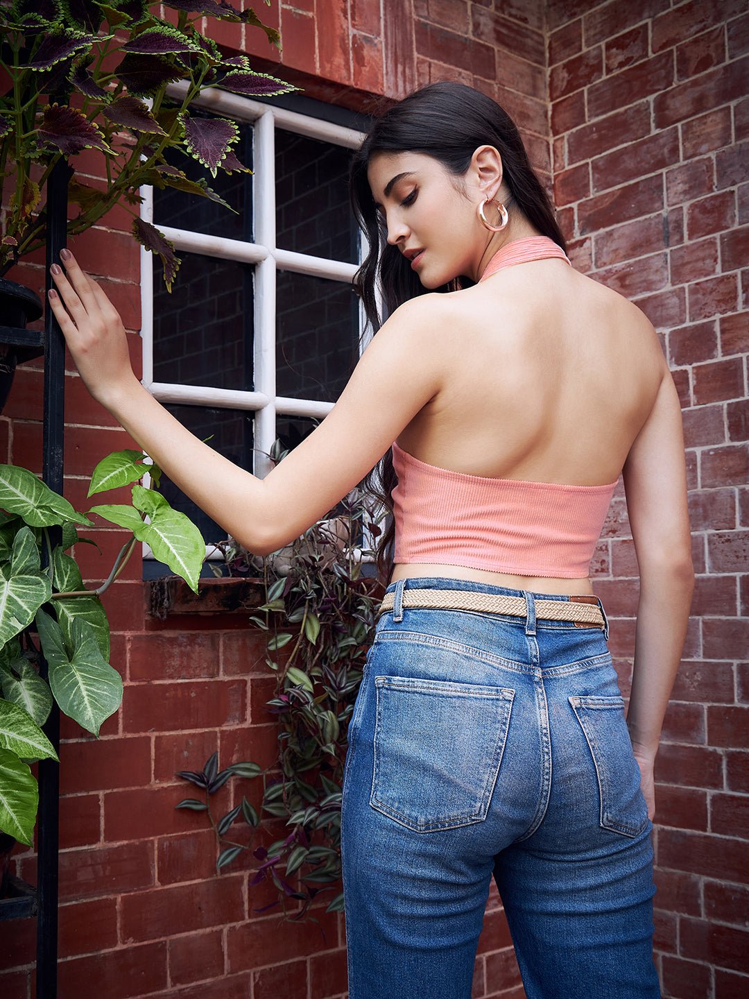 Folk Republic Women Solid Pink Halter Neck Sleeveless Backless Cotton Hanky Hem Fitted Crop Top - #folk republic#