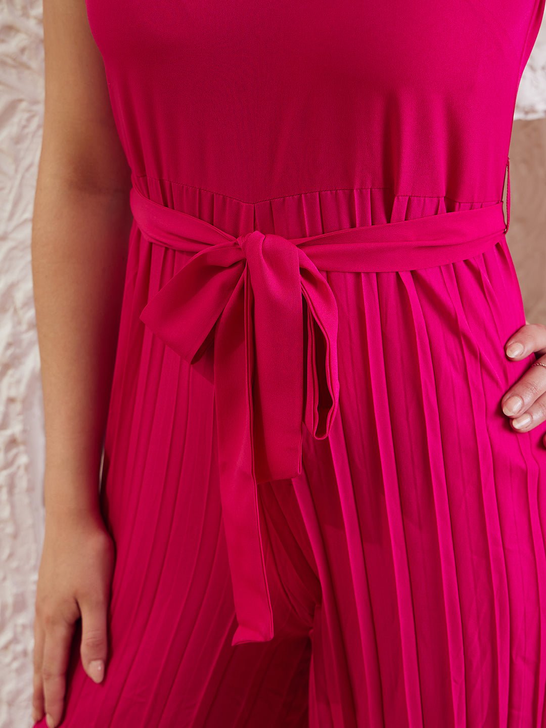 Folk Republic Women Solid Pink Halter Neck Sleeveless Waist Tie-Up Pleated Culotte Jumpsuit - #folk republic#