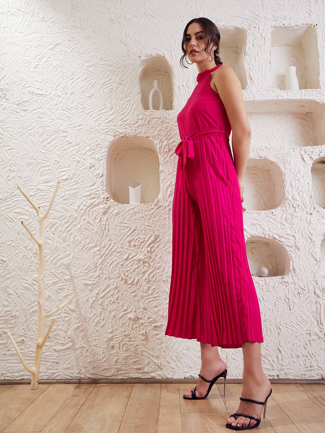Folk Republic Women Solid Pink Halter Neck Sleeveless Waist Tie-Up Pleated Culotte Jumpsuit - #folk republic#