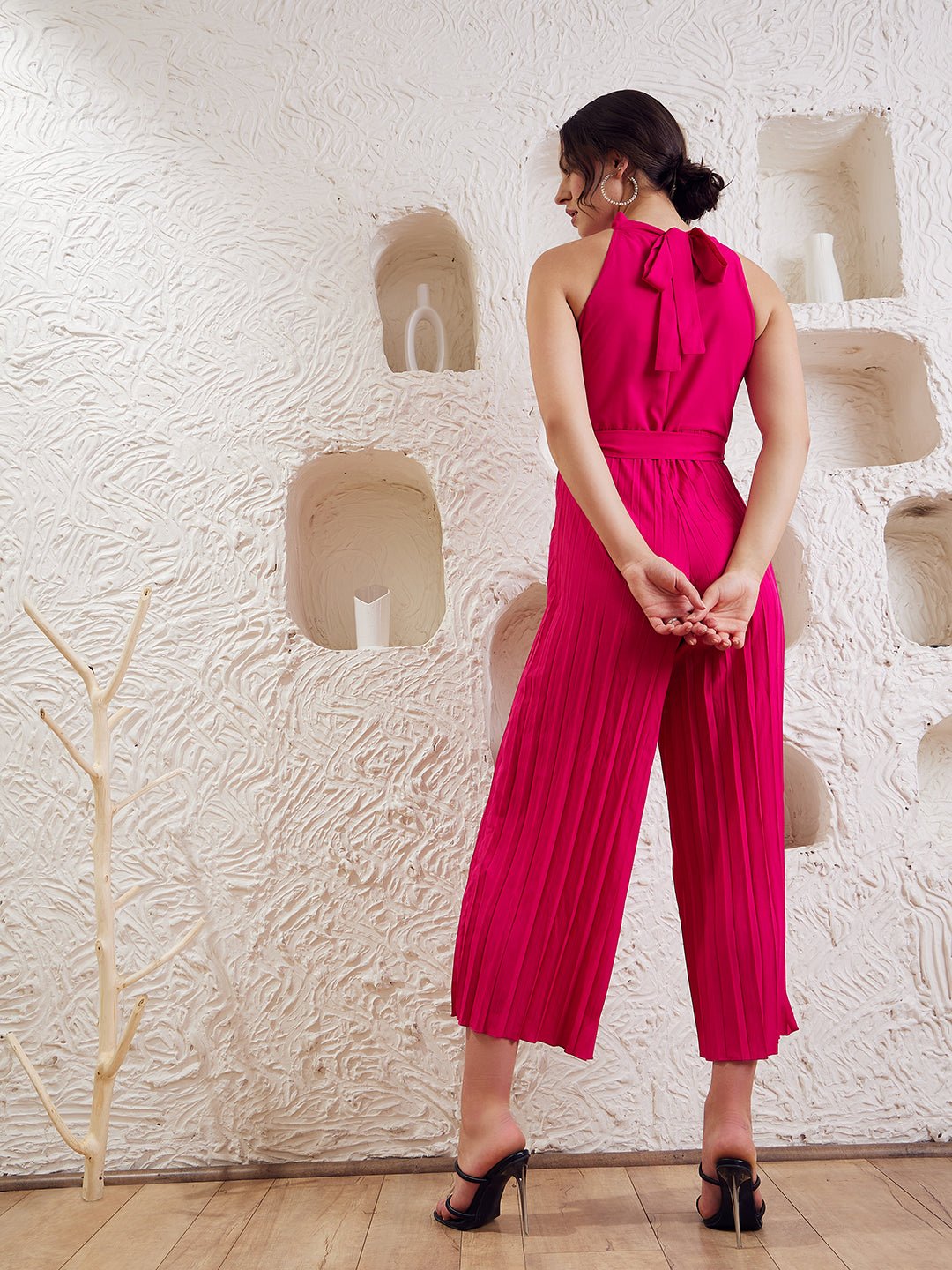 Folk Republic Women Solid Pink Halter Neck Sleeveless Waist Tie-Up Pleated Culotte Jumpsuit - #folk republic#