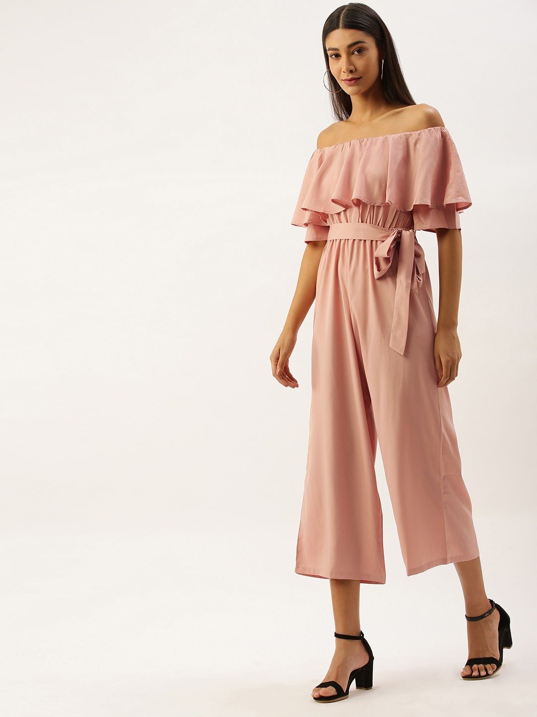 Folk Republic Women Solid Pink Off Shoulder Culotte Jumpsuit - #folk republic#