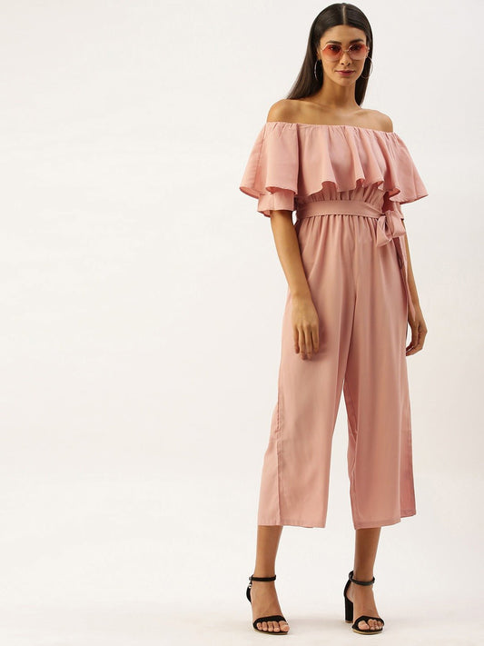 Folk Republic Women Solid Pink Off Shoulder Culotte Jumpsuit - #folk republic#