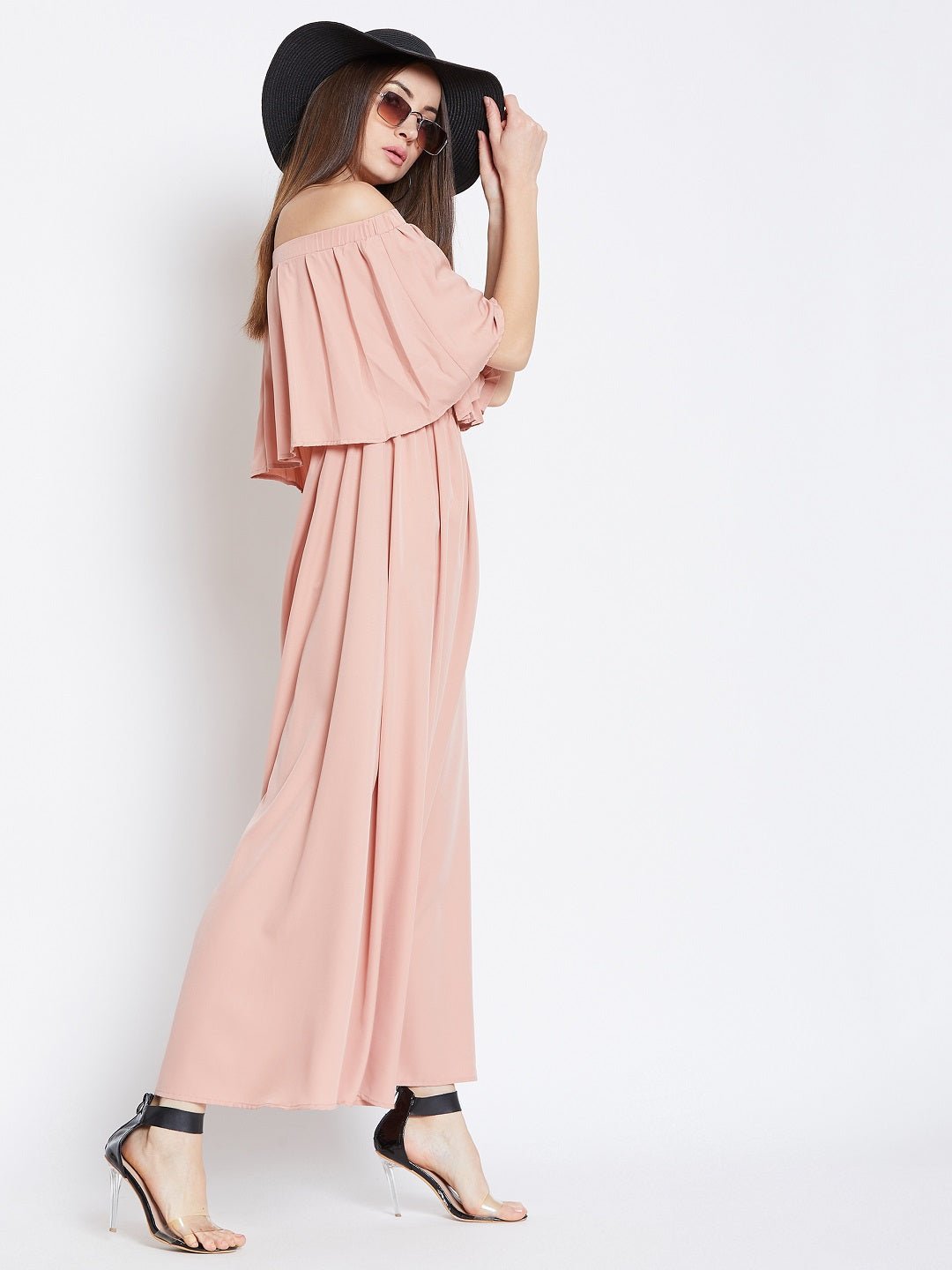 Folk Republic Women Solid Pink Off-Shoulder Neck Cold-Shoulder Sleeves Flared Maxi Dress - #folk republic#