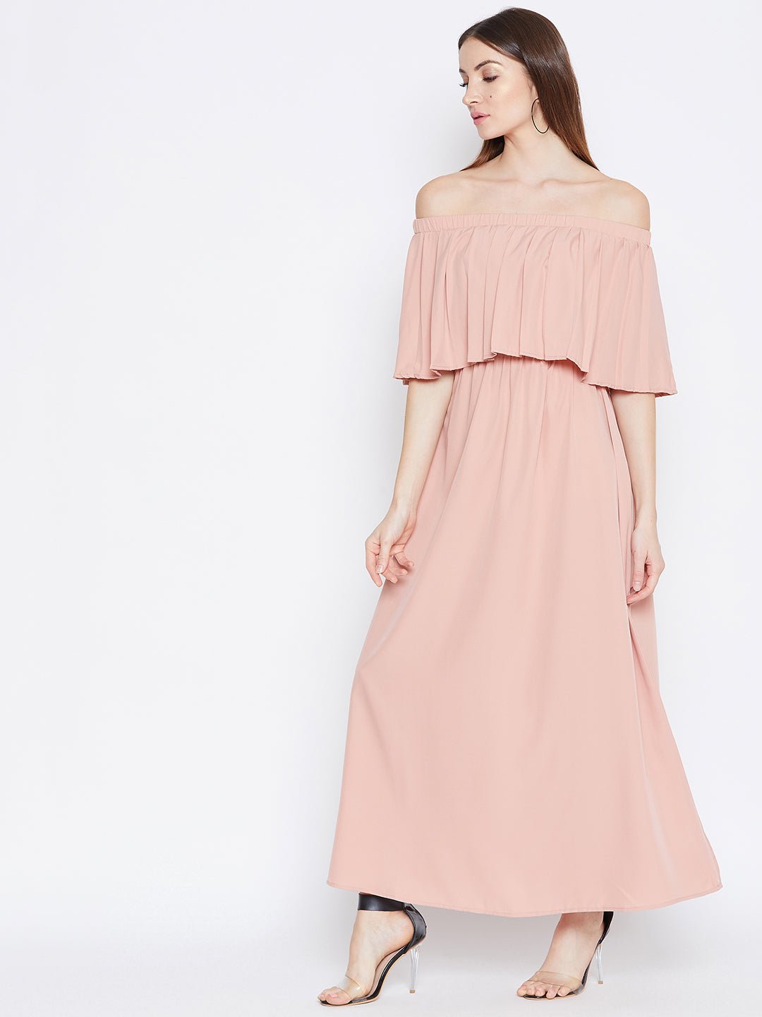 Folk Republic Women Solid Pink Off-Shoulder Neck Cold-Shoulder Sleeves Flared Maxi Dress - #folk republic#