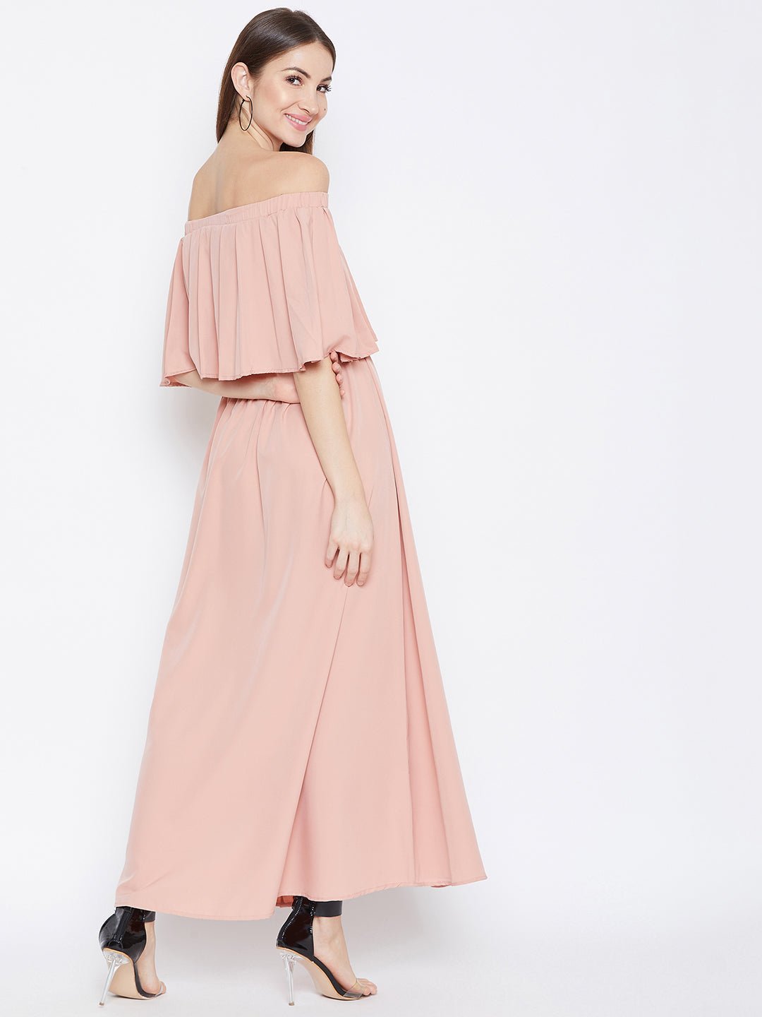 Folk Republic Women Solid Pink Off-Shoulder Neck Cold-Shoulder Sleeves Flared Maxi Dress - #folk republic#