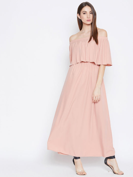 Folk Republic Women Solid Pink Off-Shoulder Neck Cold-Shoulder Sleeves Flared Maxi Dress - #folk republic#