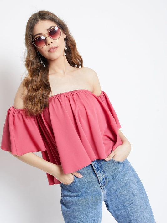 Folk Republic Women Solid Pink Off-Shoulder Neck Ruffled Crop Bardot Top - #folk republic#