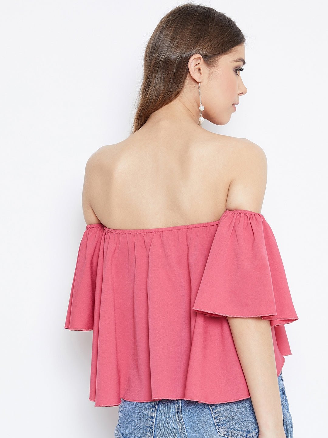 Folk Republic Women Solid Pink Off-Shoulder Neck Ruffled Crop Bardot Top - #folk republic#