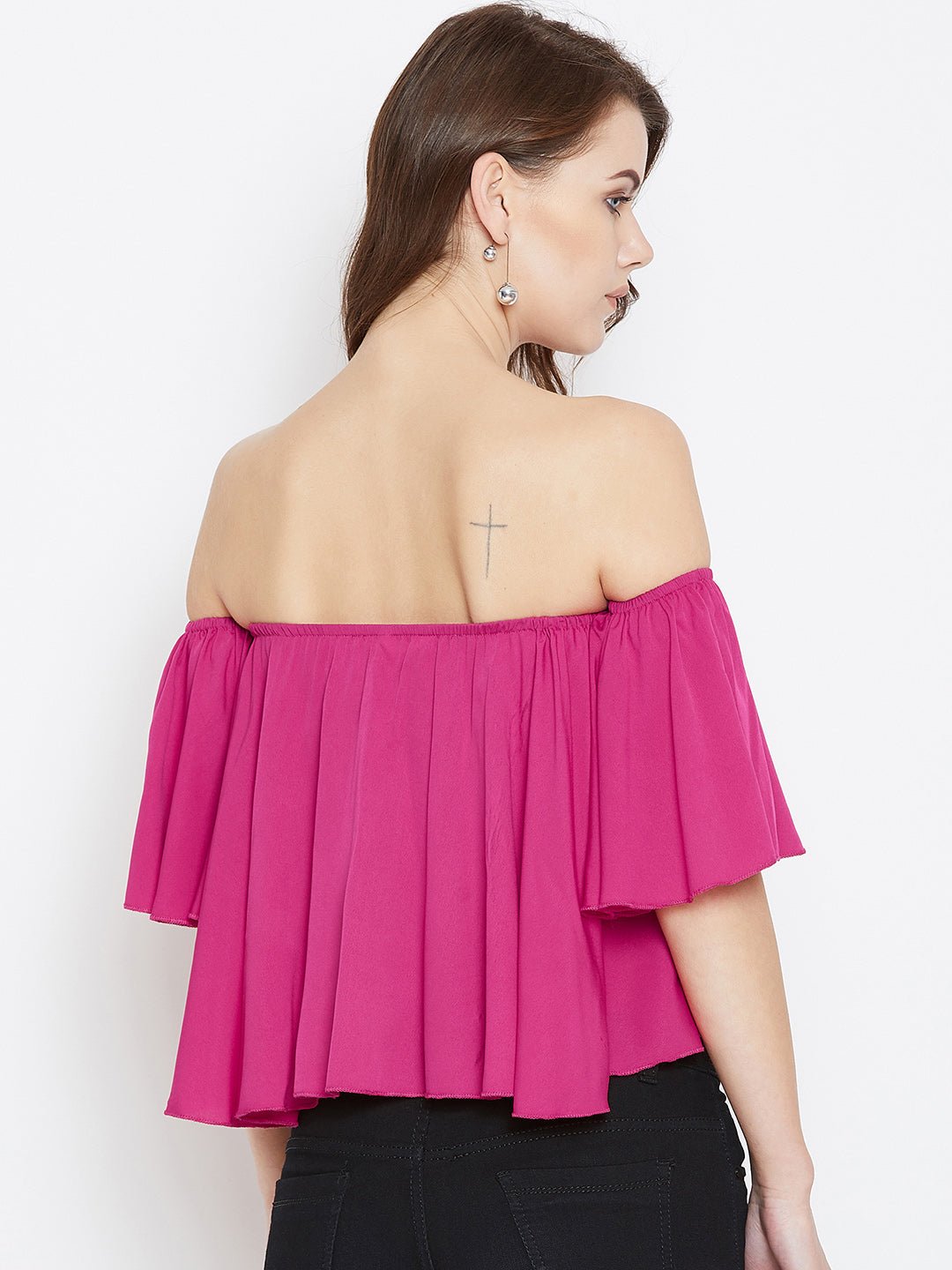 Folk Republic Women Solid Pink Off-Shoulder Neck Ruffled Crop Bardot Top - #folk republic#