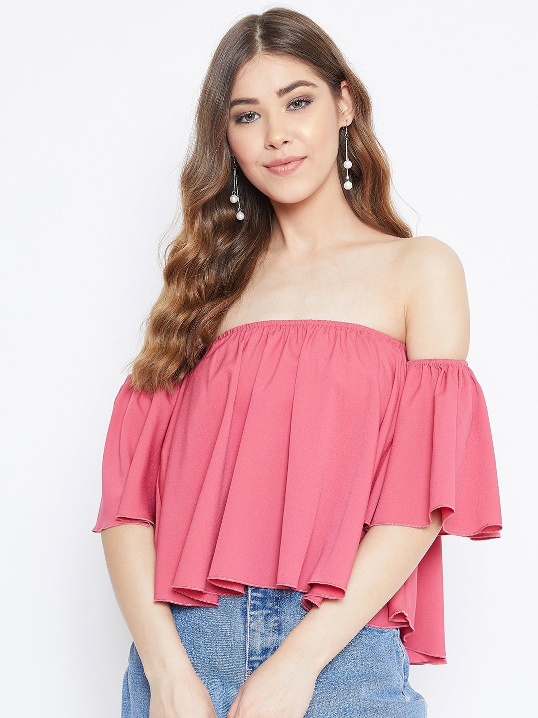 Folk Republic Women Solid Pink Off-Shoulder Neck Ruffled Crop Bardot Top - #folk republic#