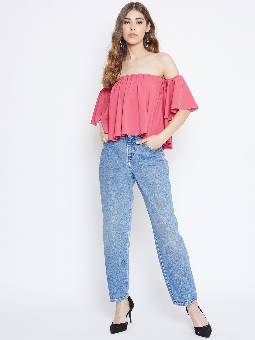 Folk Republic Women Solid Pink Off-Shoulder Neck Ruffled Crop Bardot Top - #folk republic#