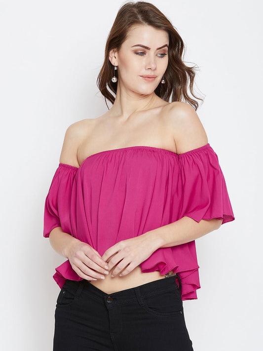 Folk Republic Women Solid Pink Off-Shoulder Neck Ruffled Crop Bardot Top - #folk republic#