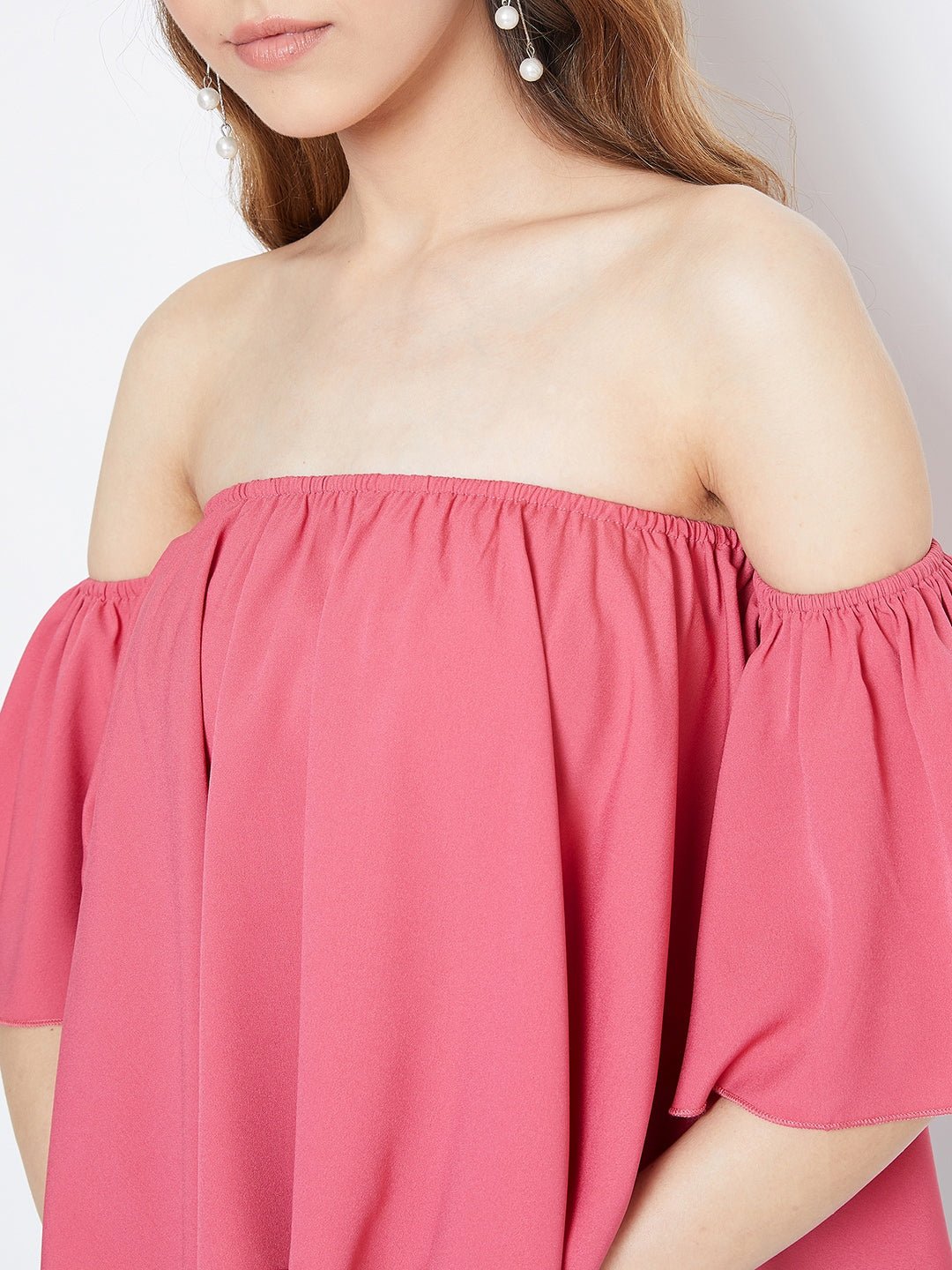 Folk Republic Women Solid Pink Off-Shoulder Neck Ruffled Crop Bardot Top - #folk republic#