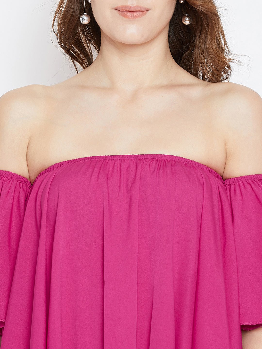 Folk Republic Women Solid Pink Off-Shoulder Neck Ruffled Crop Bardot Top - #folk republic#