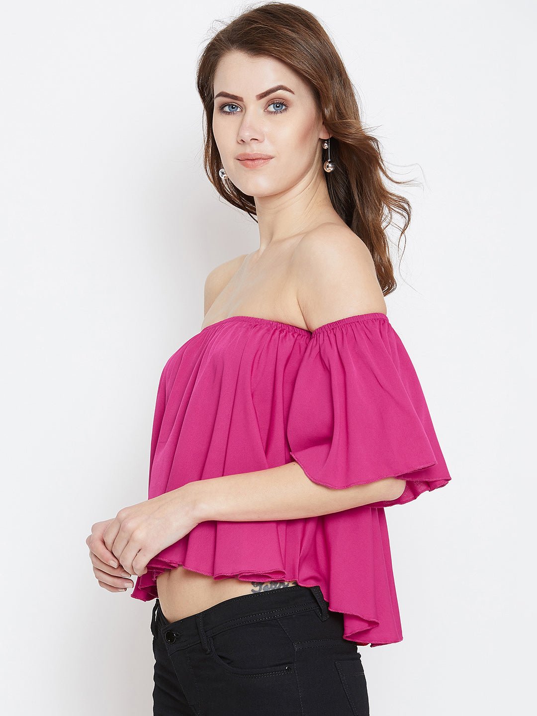 Folk Republic Women Solid Pink Off-Shoulder Neck Ruffled Crop Bardot Top - #folk republic#
