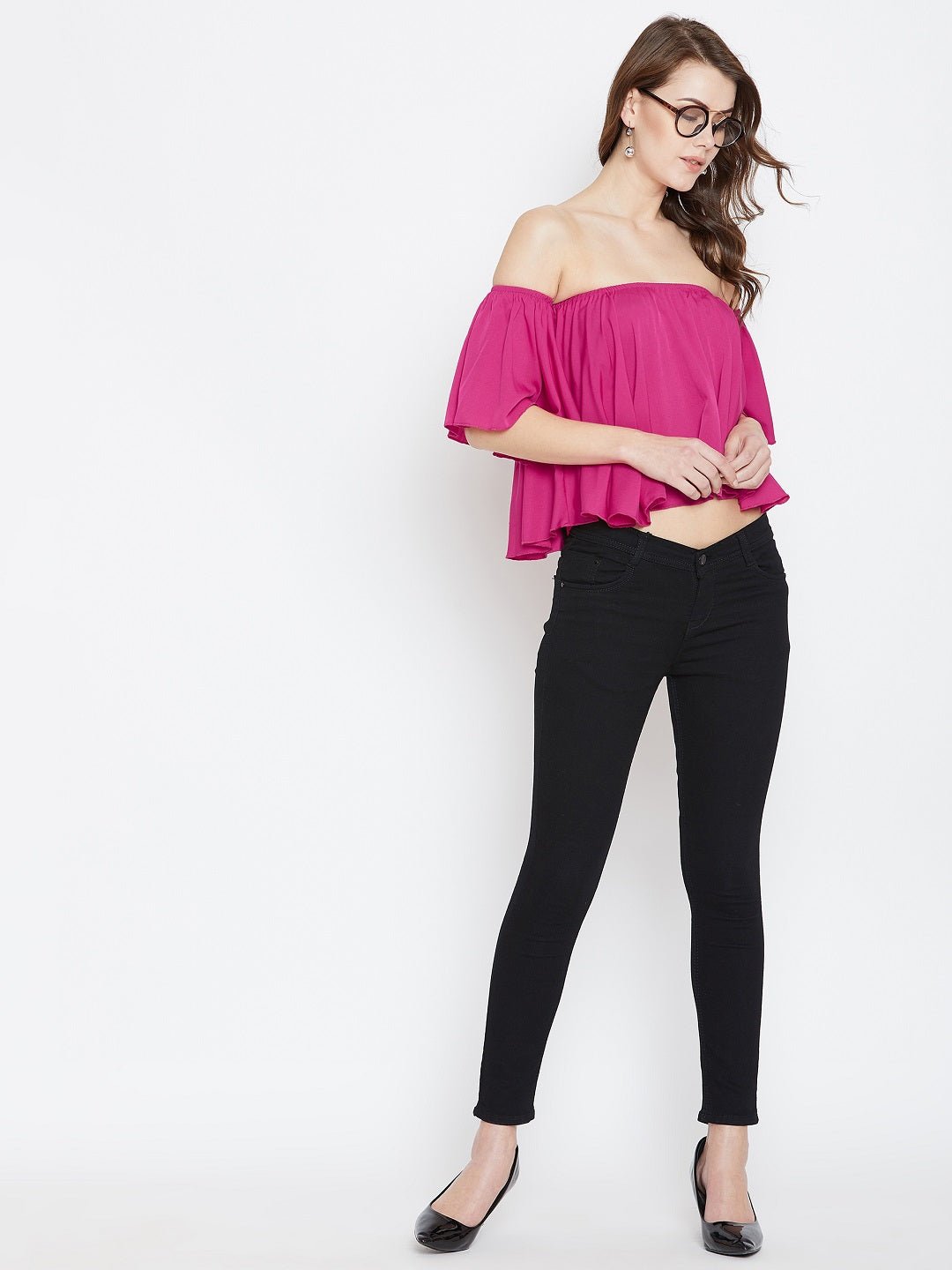 Folk Republic Women Solid Pink Off-Shoulder Neck Ruffled Crop Bardot Top - #folk republic#