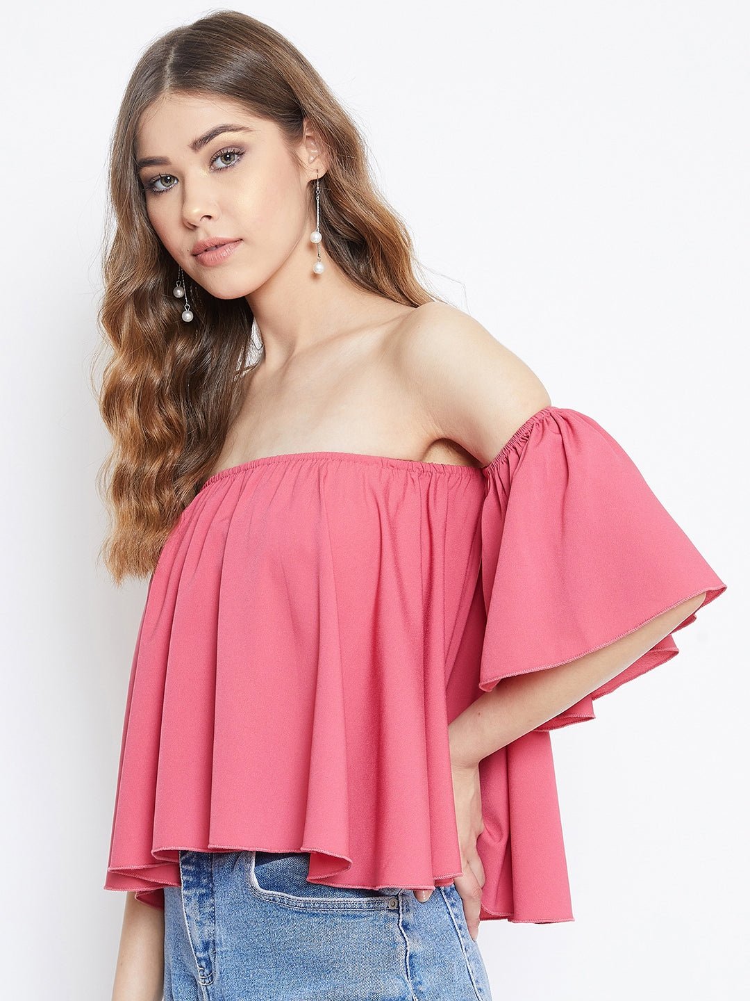 Folk Republic Women Solid Pink Off-Shoulder Neck Ruffled Crop Bardot Top - #folk republic#