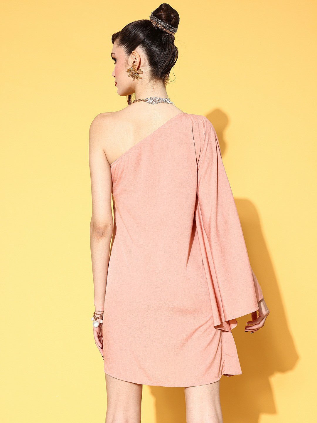 Folk Republic Women Solid Pink One-Shoulder Neck Batwing Sleeve Bodycon Mini Dress - #folk republic#