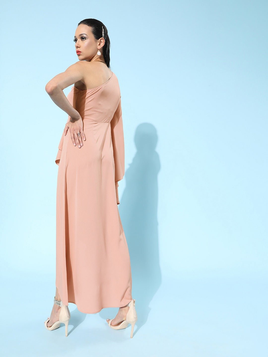 Folk Republic Women Solid Pink One-Shoulder Ruffled Asymmetrical A-Line Maxi Dress - #folk republic#