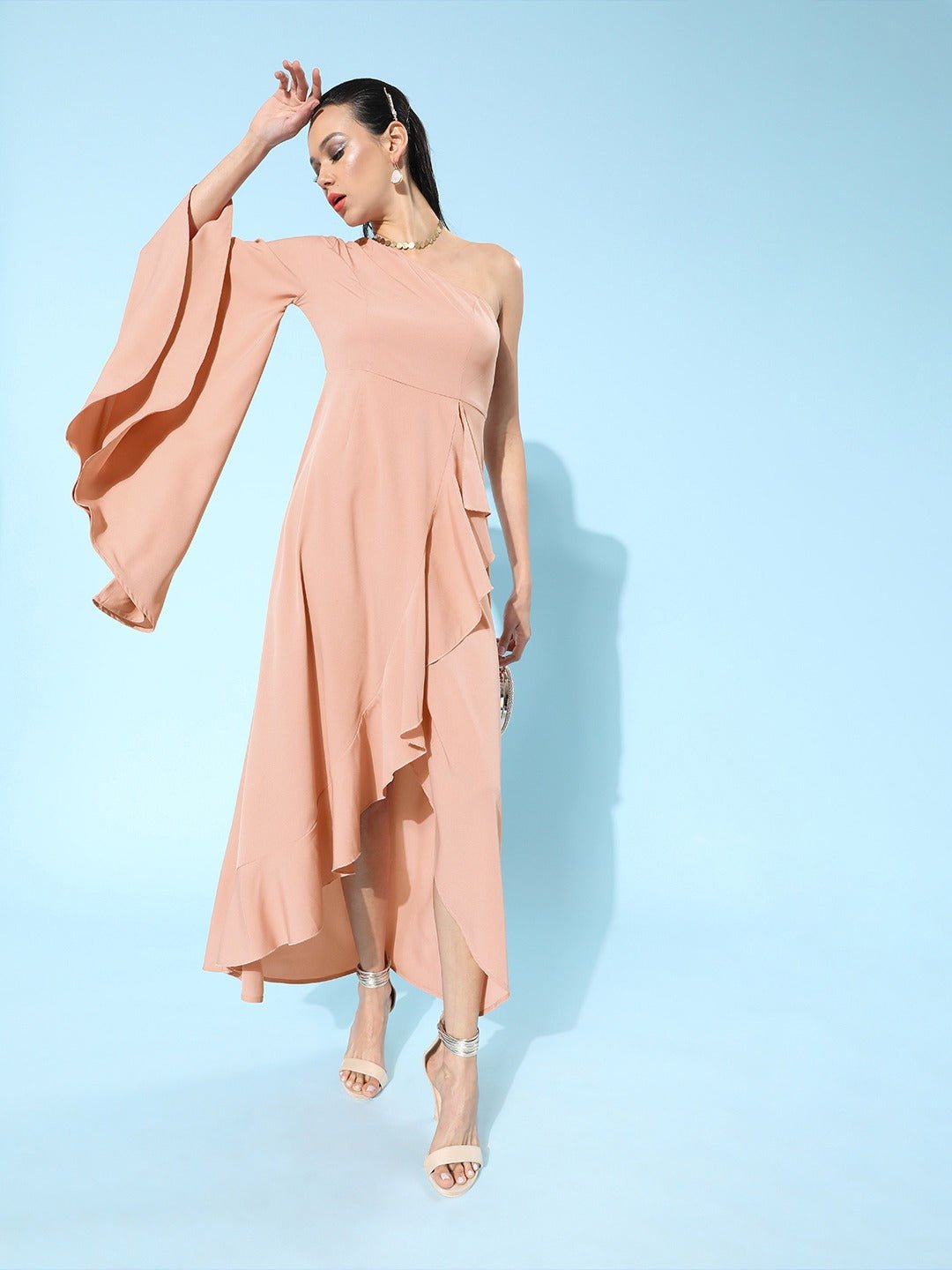 Folk Republic Women Solid Pink One-Shoulder Ruffled Asymmetrical A-Line Maxi Dress - #folk republic#