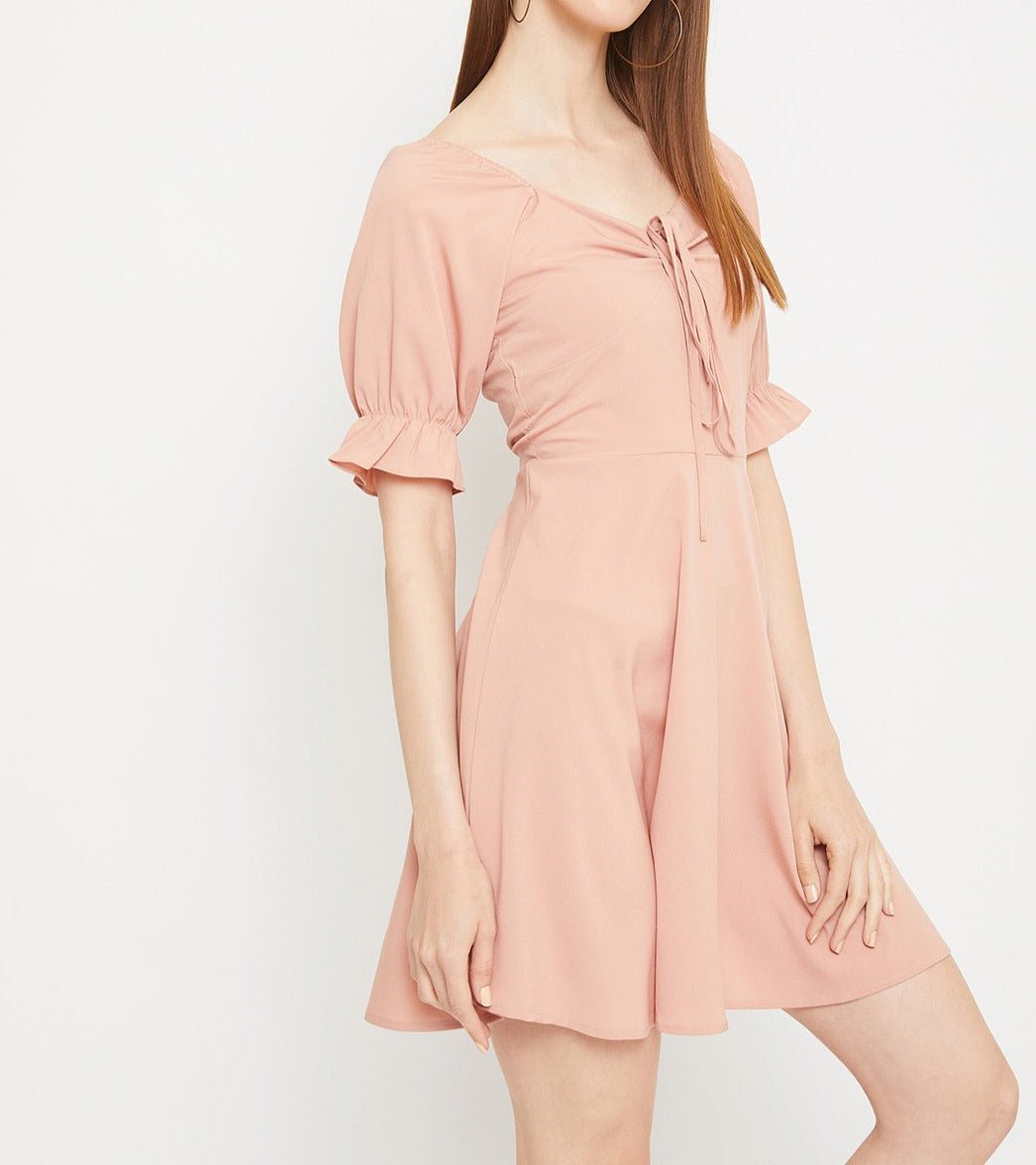 Folk Republic Women Solid Pink Puff Sleeve Mini Dress - #folk republic#