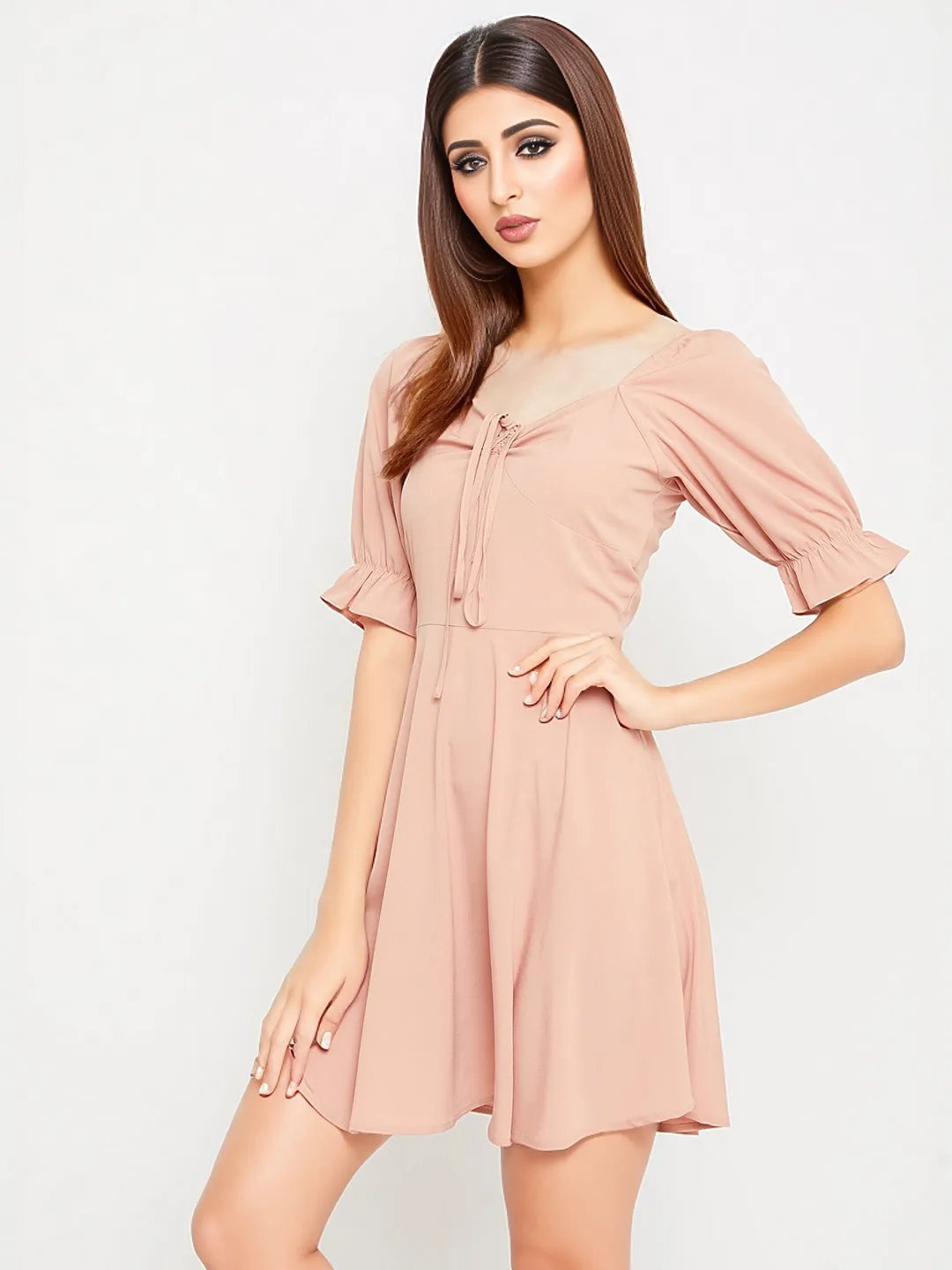 Folk Republic Women Solid Pink Puff Sleeve Mini Dress - #folk republic#