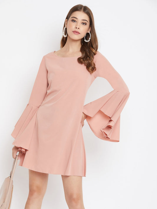 Folk Republic Women Solid Pink Round-Neck Flared Sleeves A-Line Mini Dress - #folk republic#