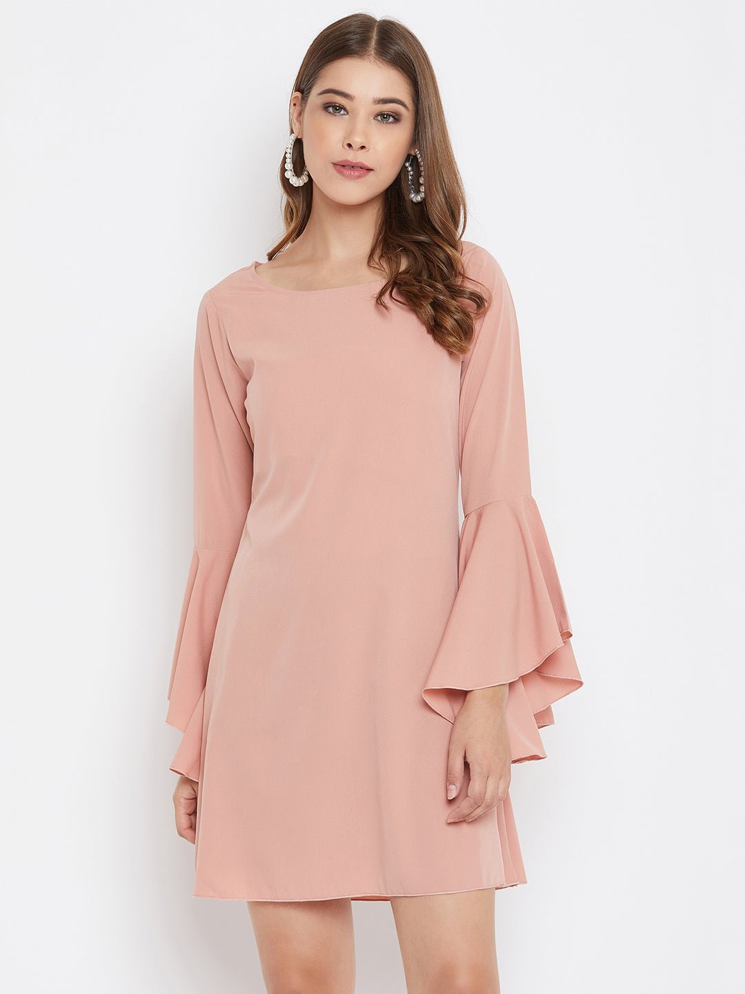 Folk Republic Women Solid Pink Round-Neck Flared Sleeves A-Line Mini Dress - #folk republic#