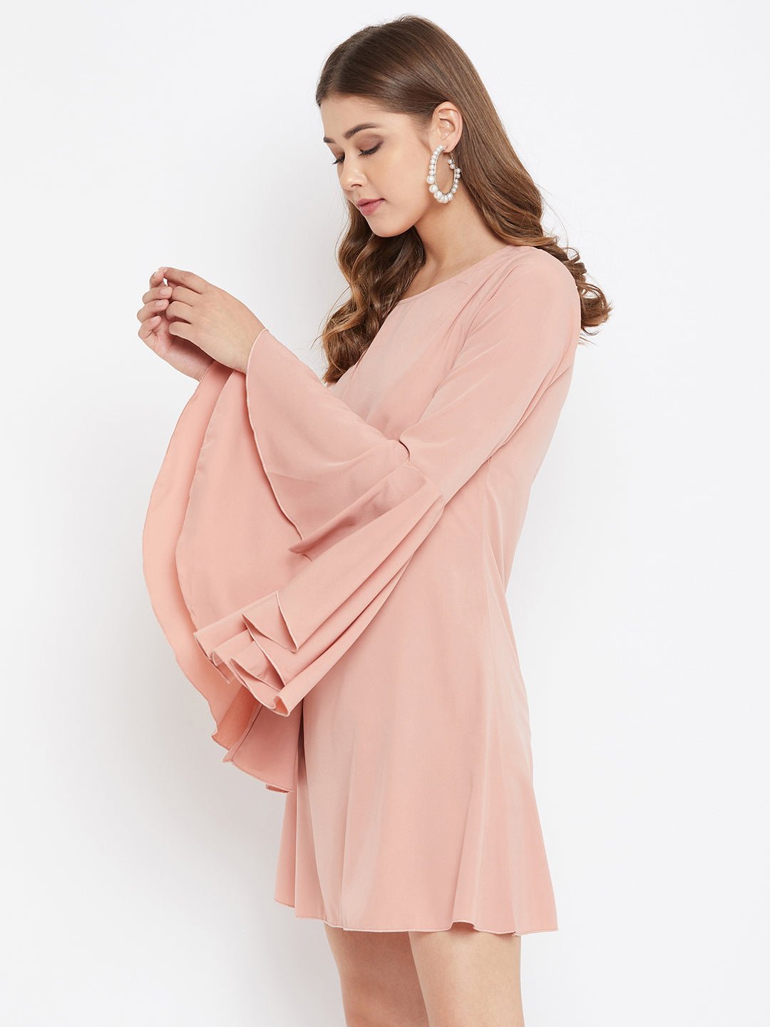 Folk Republic Women Solid Pink Round-Neck Flared Sleeves A-Line Mini Dress - #folk republic#