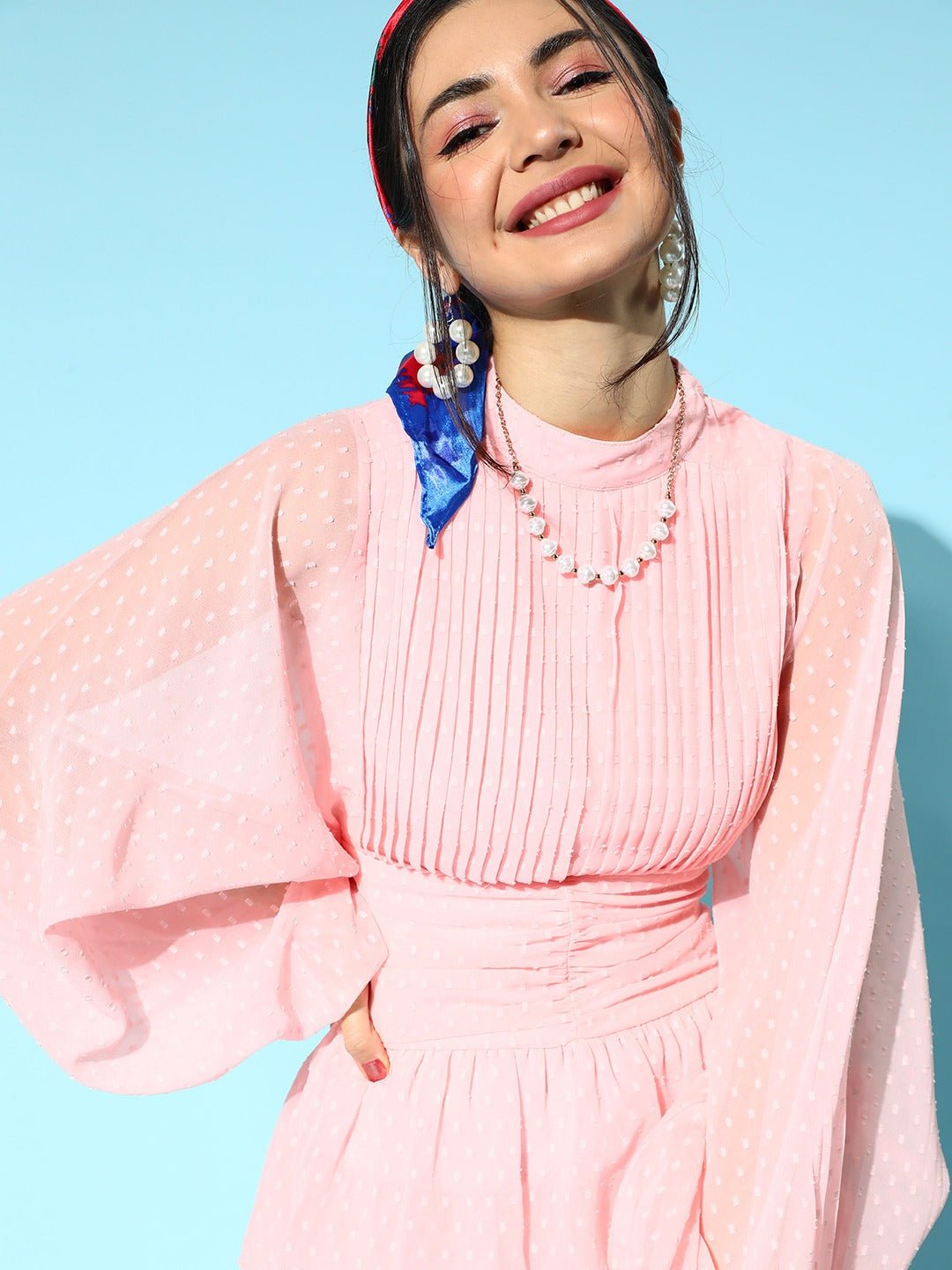 Folk Republic Women Solid Pink Round Neck Sheer Sleeves Georgette Flounce Hem Pleated Fit & Flare Mini Dress - #folk republic#