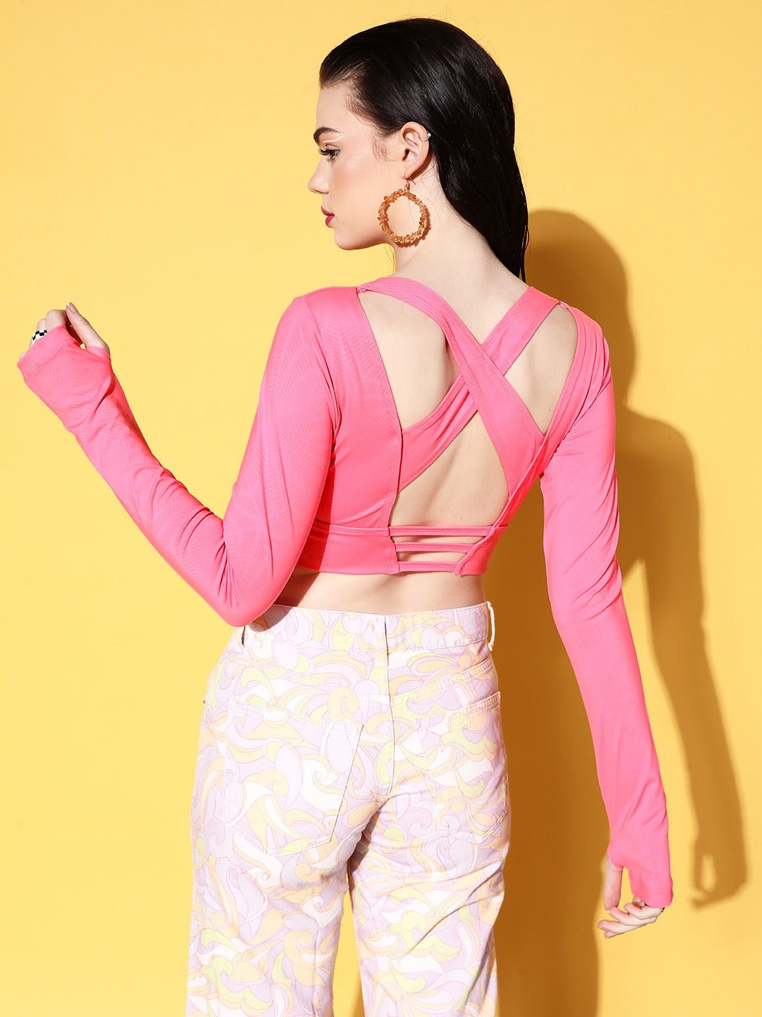 Folk Republic Women Solid Pink Round Neck Thumb-Hole Sleeve Criss-Cross Back Cropped Top - #folk republic#