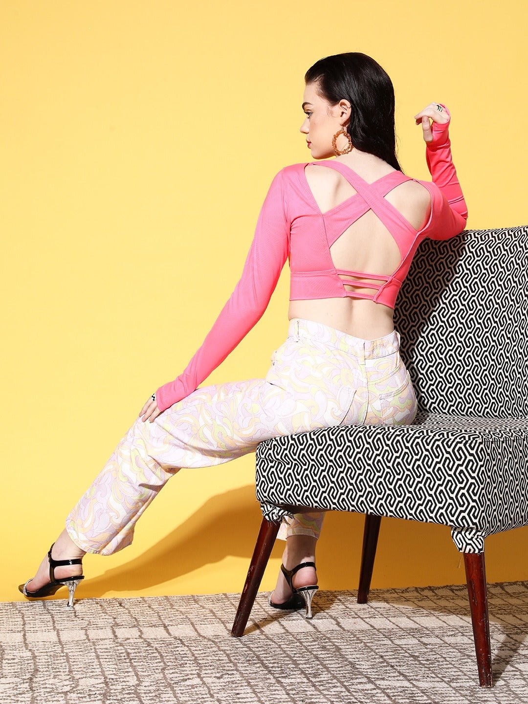 Folk Republic Women Solid Pink Round Neck Thumb-Hole Sleeve Criss-Cross Back Cropped Top - #folk republic#
