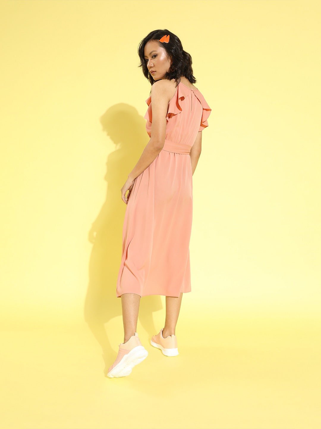 Folk Republic Women Solid Pink Round Neck Waist Tie-Up Ruffled Fit & Flare Midi Dress - #folk republic#