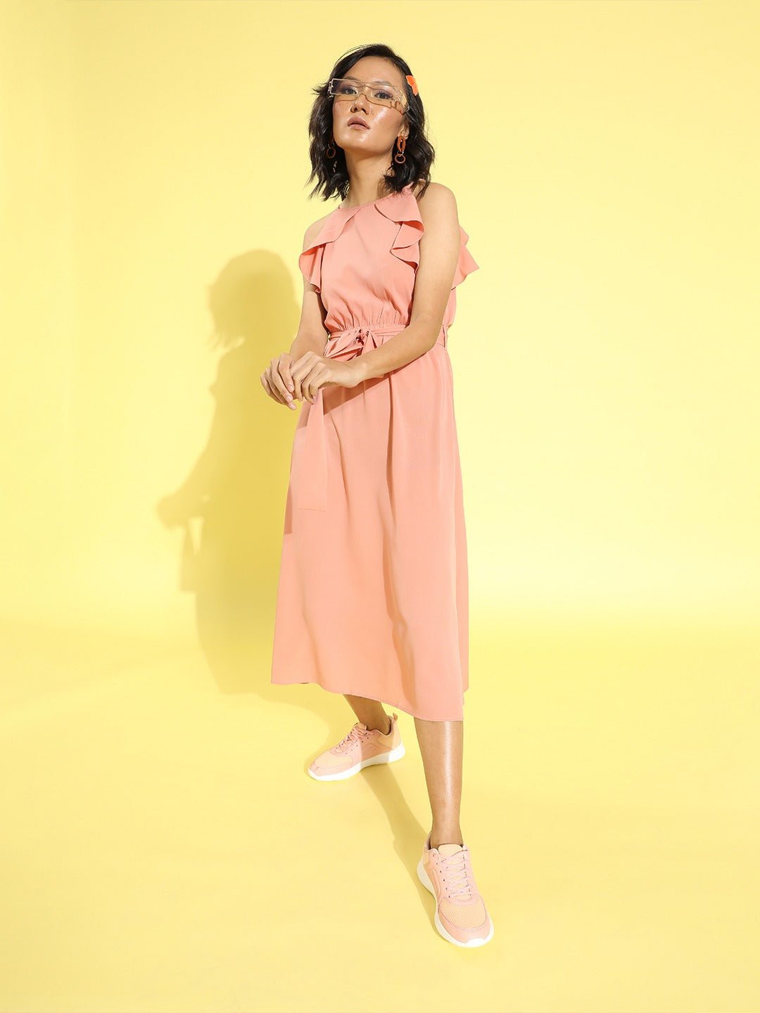 Folk Republic Women Solid Pink Round Neck Waist Tie-Up Ruffled Fit & Flare Midi Dress - #folk republic#